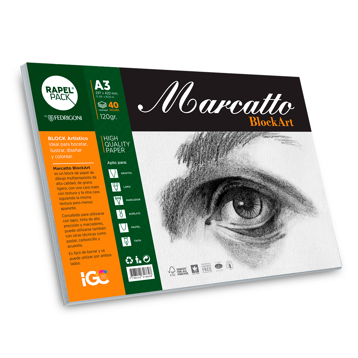 Imagen ilustrativa de Block de dibujo MARCATTO BlockArt 120 gr c/espiral A3 x 40 hj