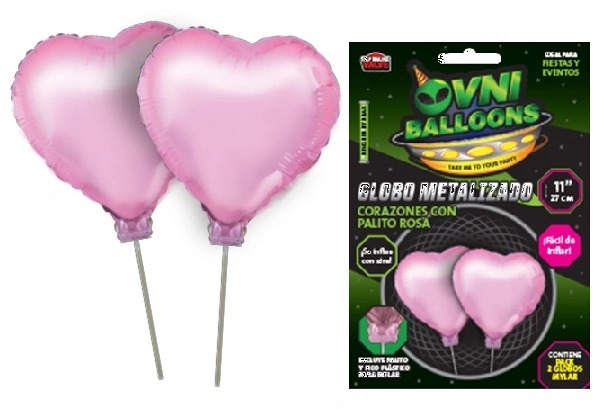 Imagen ilustrativa de GLOBO METALIZADO 11" SET X2 CORAZON ROSA CON PALITO